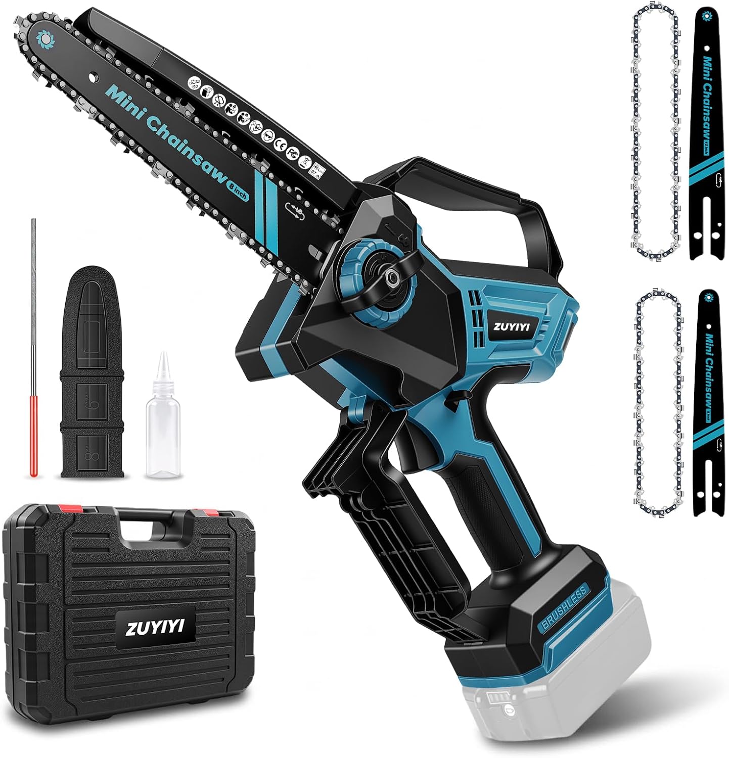 71ggesQN0ML._AC_SL1500_ Mini Chainsaw Cordless 8 Inch & 10 Inch for Makita 18V Battery (NOT Included), Brushless Electric Chain Saw with Auto Oiler, Power Handheld Chainsaw for Garden Tree Branch Wood Cutting - Image 1