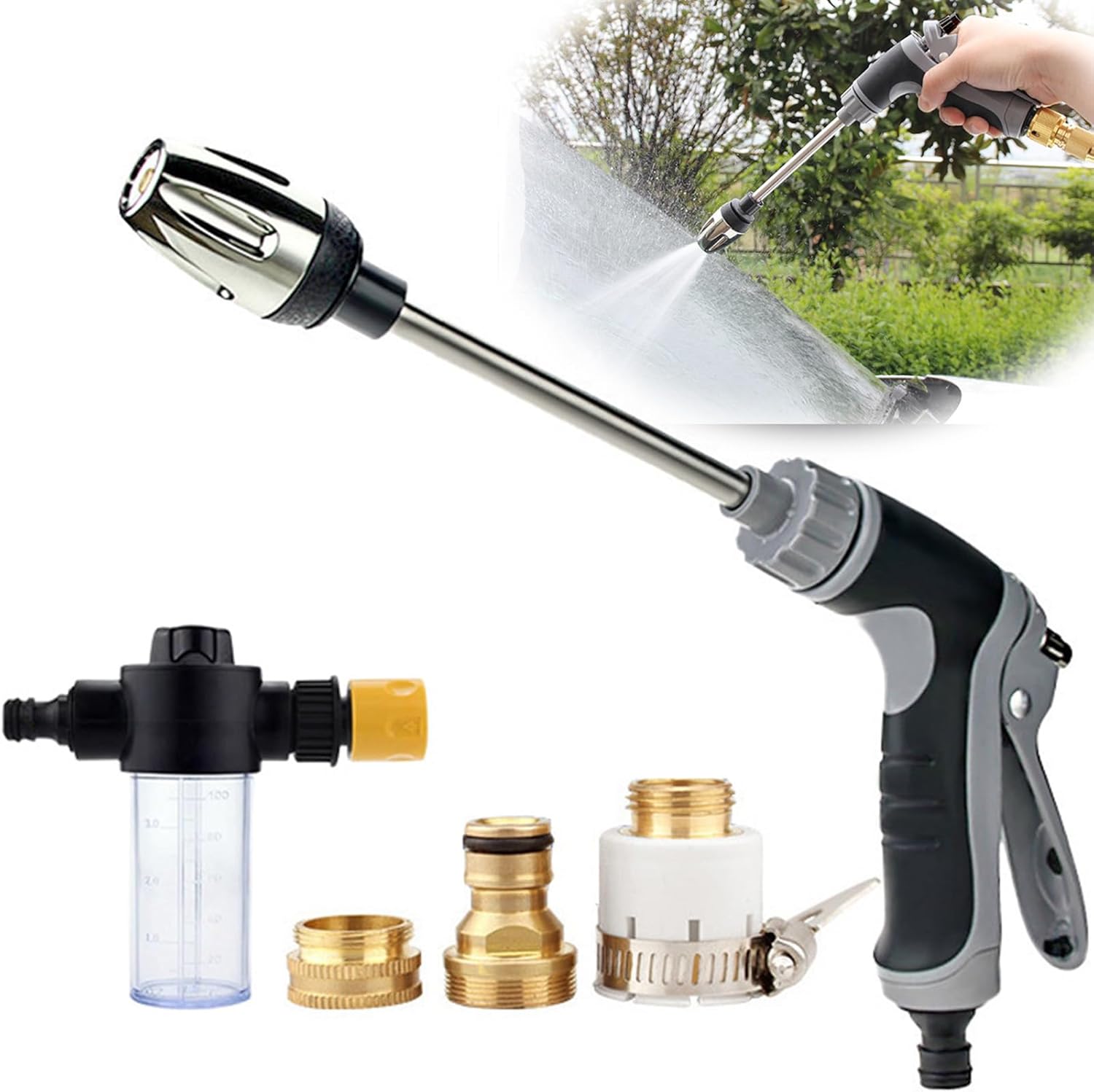 71qTME3ocL._AC_SL1500_ Aquoxis Pressure Washer – 15X More Powerful Than Hoses, Aquoxis Spray Nozzle, with 360° Rotating for Three Spray Modes, Easy Installation, Universal Compatibility (with Foam Pot + 3 Metal Connector) - Image 1
